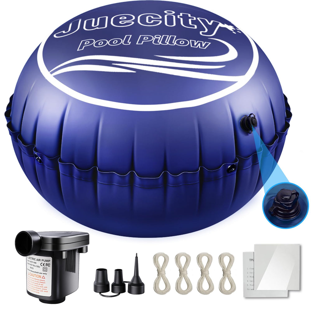 Juecity front packaging showing pool pillow kit and quick setup benefit