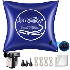 Juecity front packaging showing 6x6 ft pillow and included pump for easy winterizing