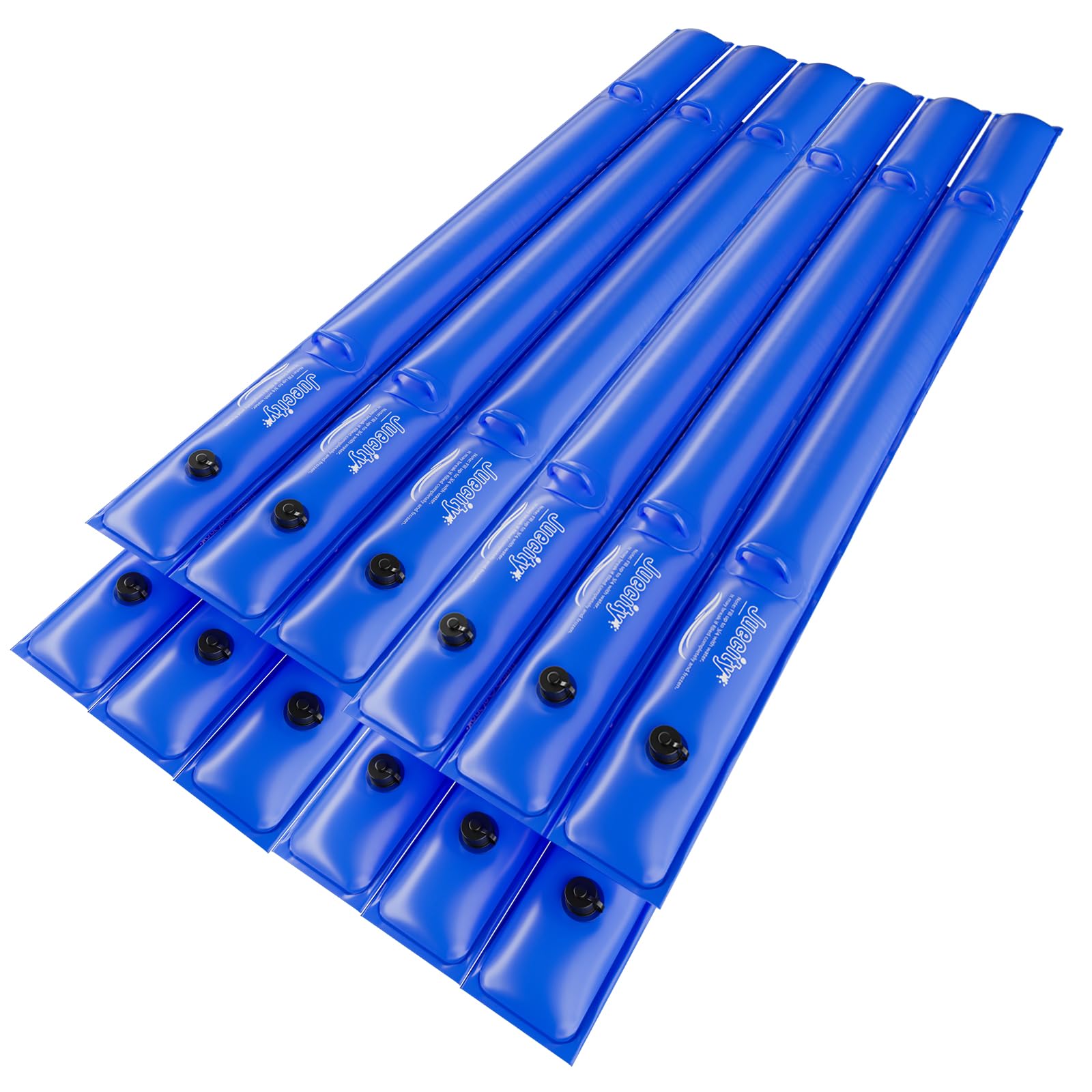 Juecity front view of 12-pack blue water tubes showing compact storage benefit
