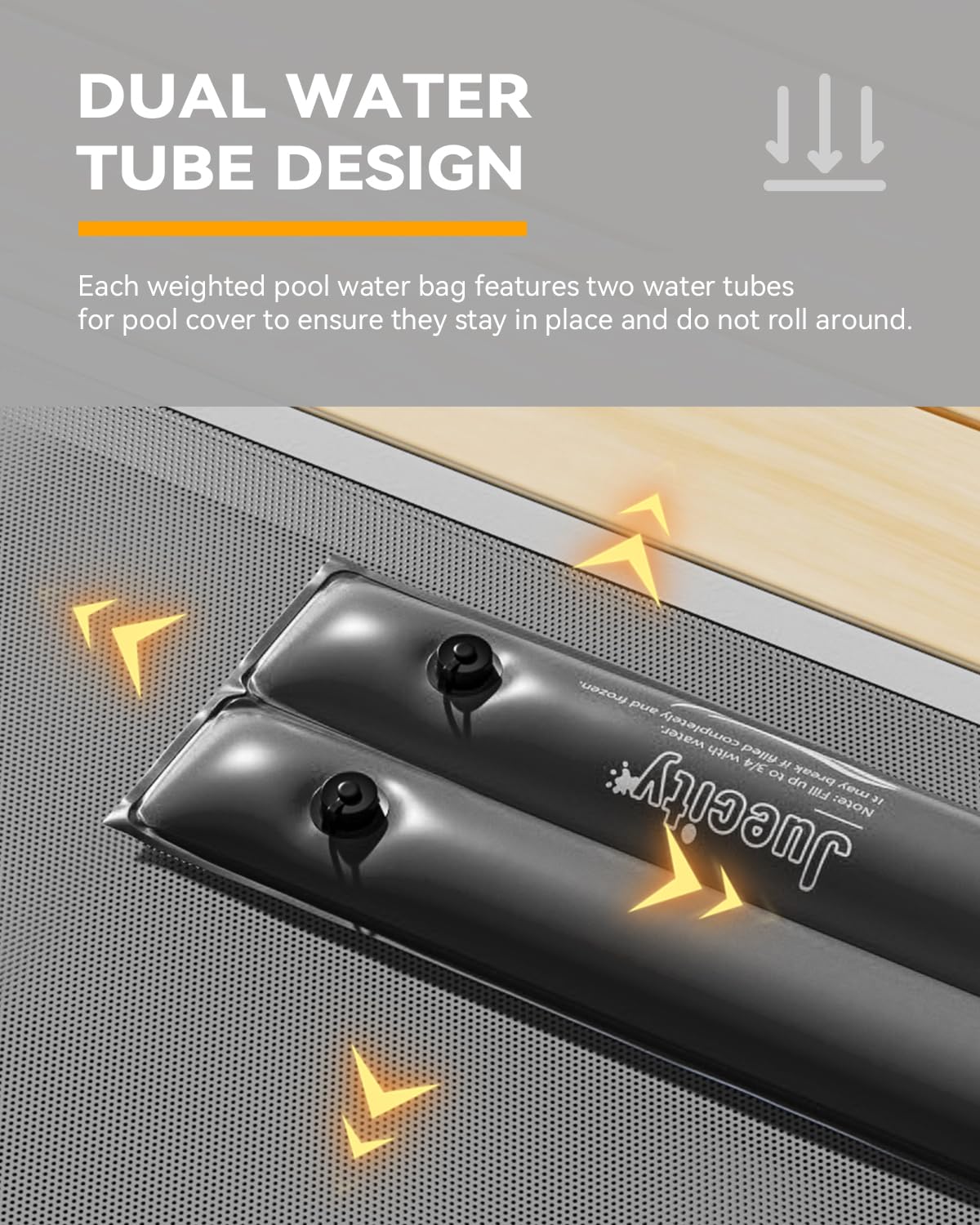 Juecity tube laid along pool cover edge securing cover against wind and movement