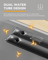 Juecity tube laid along pool cover edge securing cover against wind and movement