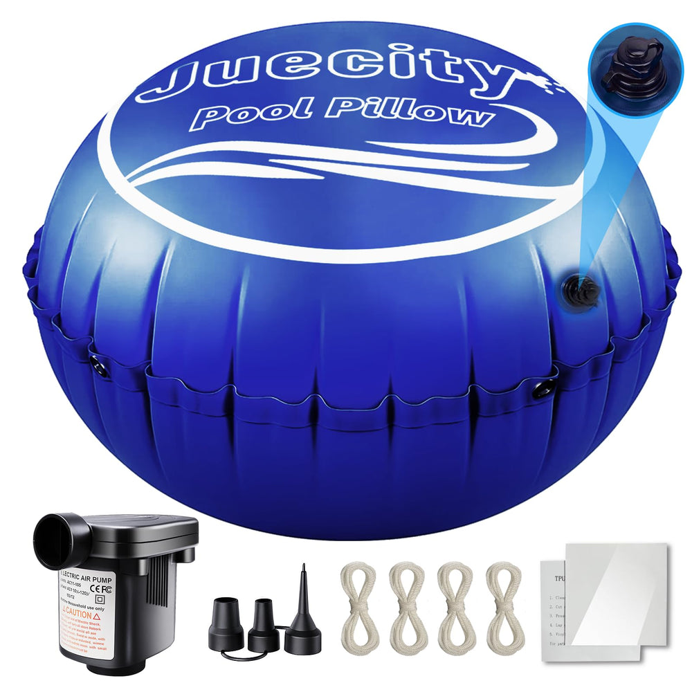 Juecity front view of packaged 6x6 ft pool pillow kit showing components for durable winter protection