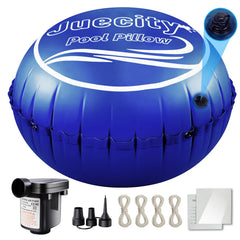 Juecity front view of packaged 6x6 ft pool pillow kit showing components for durable winter protection