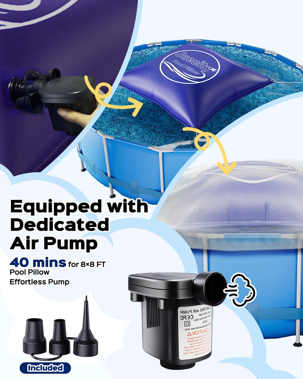Juecity pump and accessories displayed to demonstrate quick inflation and setup