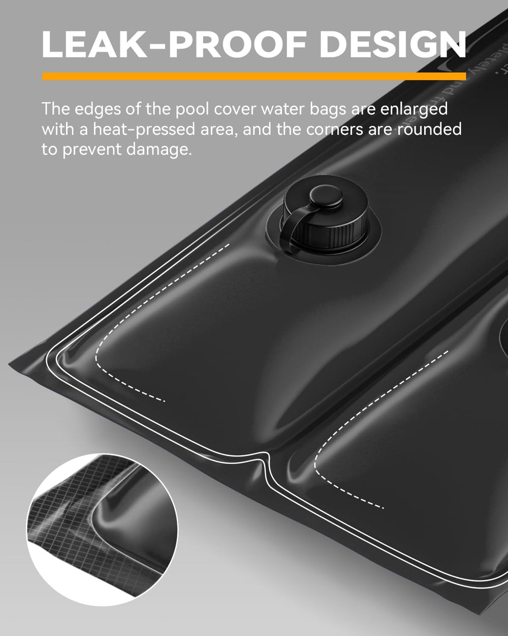 Juecity heat-pressed seam and rounded corner detail demonstrating puncture resistance