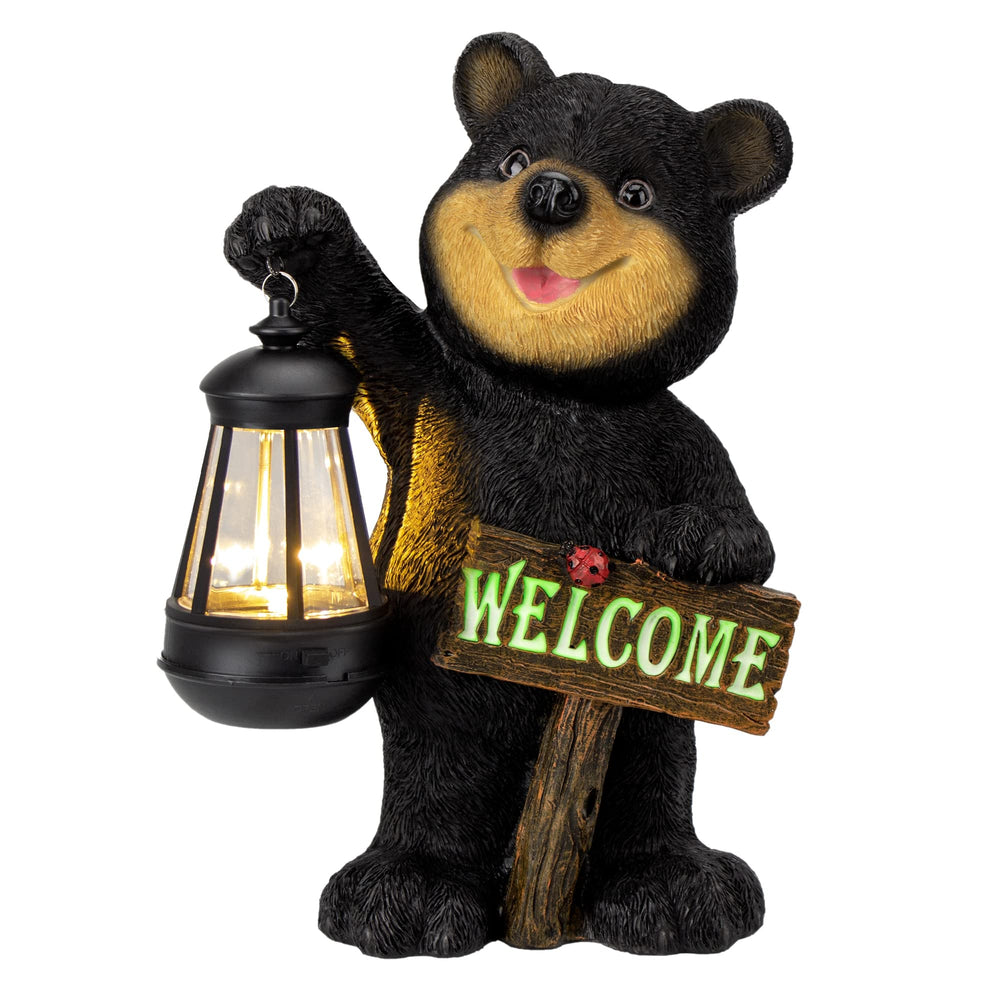 Juegoal bear statue front view showing welcoming lantern and charm