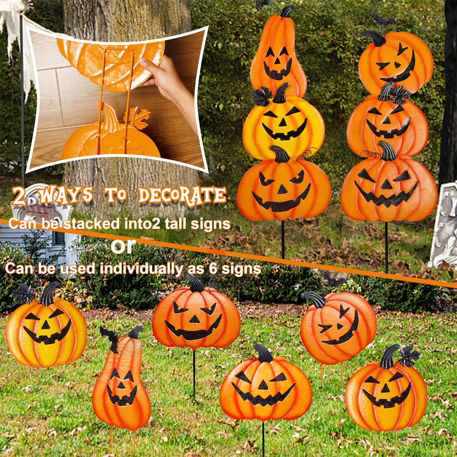 Juegoal close-up showing carved pumpkin faces and bright hand-painted finish