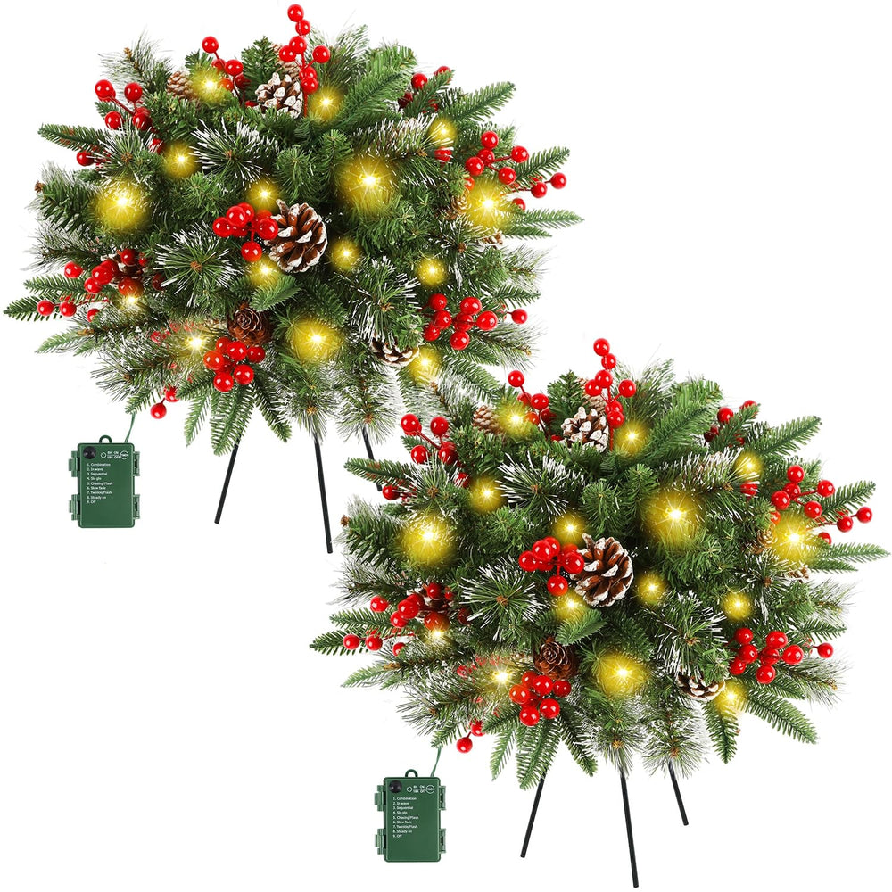 Juegoal front view of both pre-lit urn filler trees showing festive look and instant decor benefit