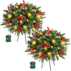 Juegoal front view of both pre-lit urn filler trees showing festive look and instant decor benefit