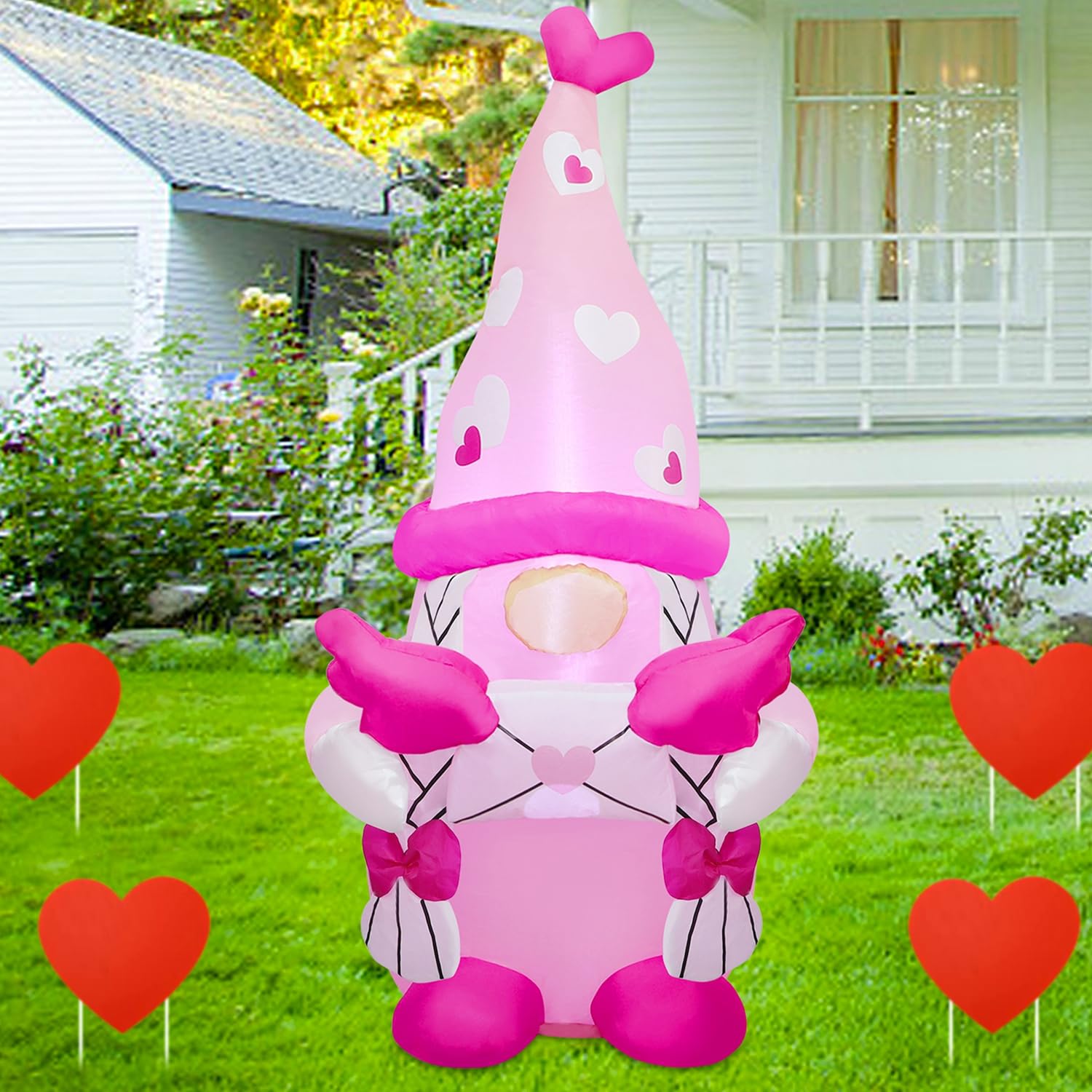 Juegoal front view of pink gnome inflatable showing festive charm and curb appeal