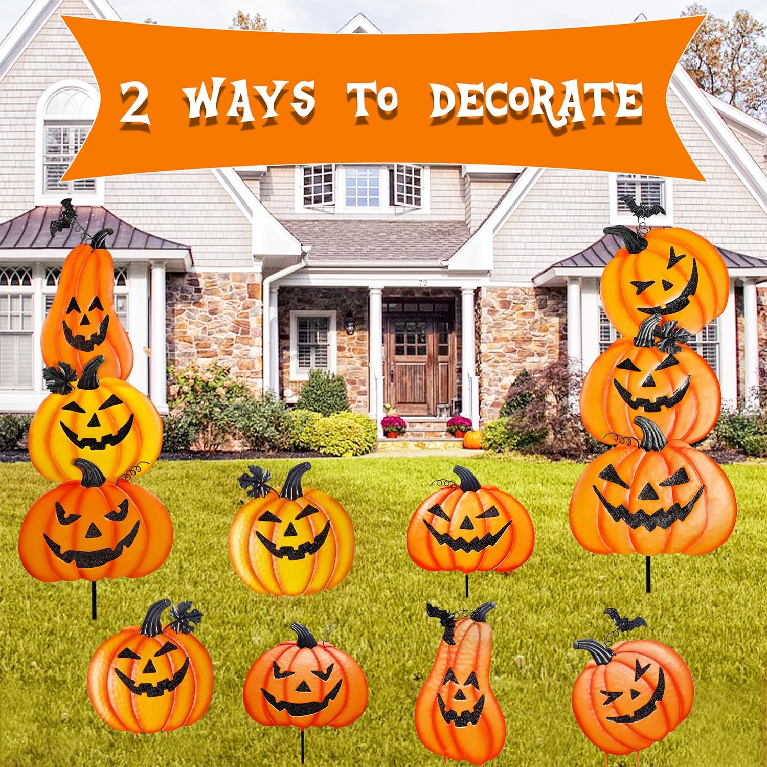 Juegoal six individual pumpkins lined along a garden path for clear guidance