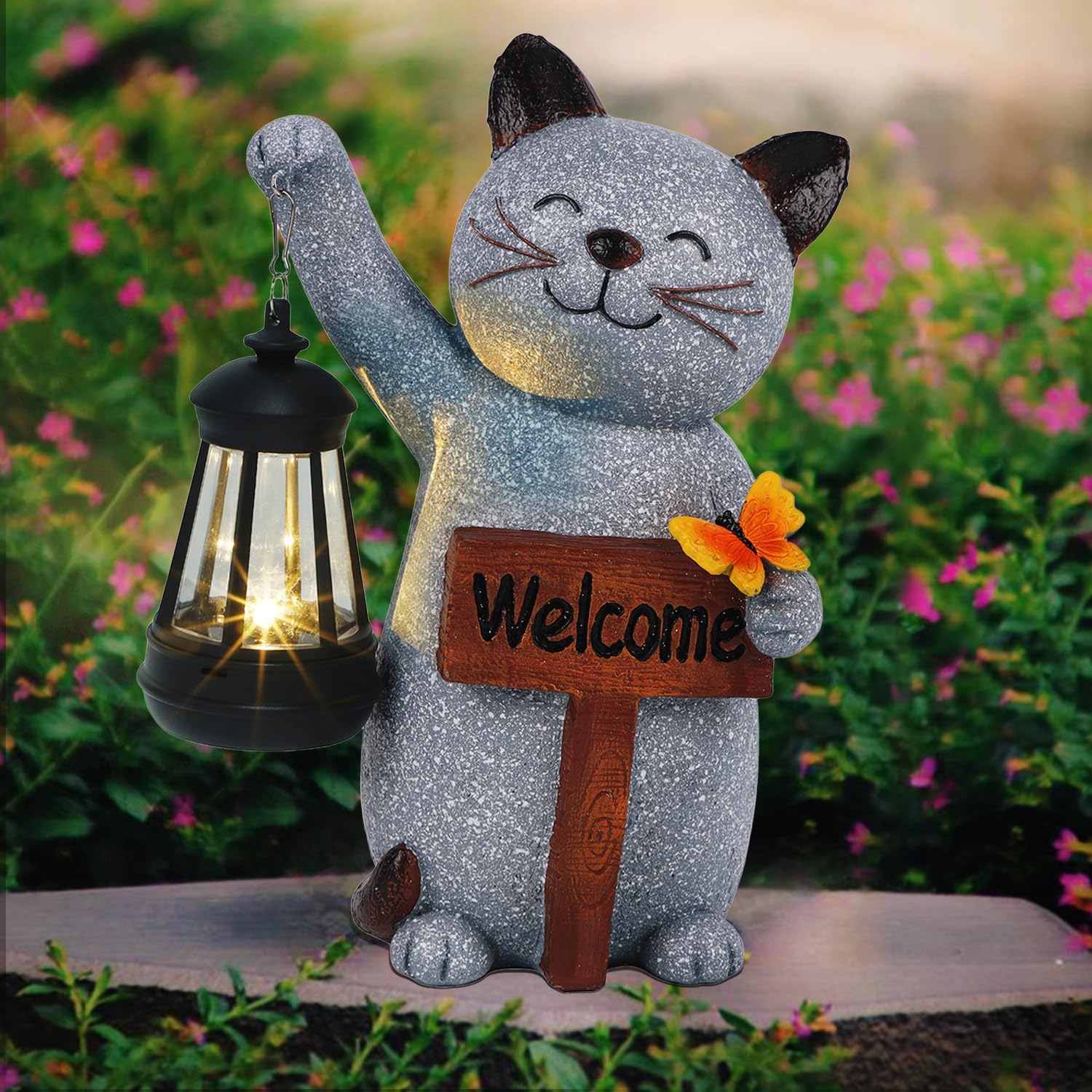 Juegoal front view of resin kitten statue adds welcoming charm