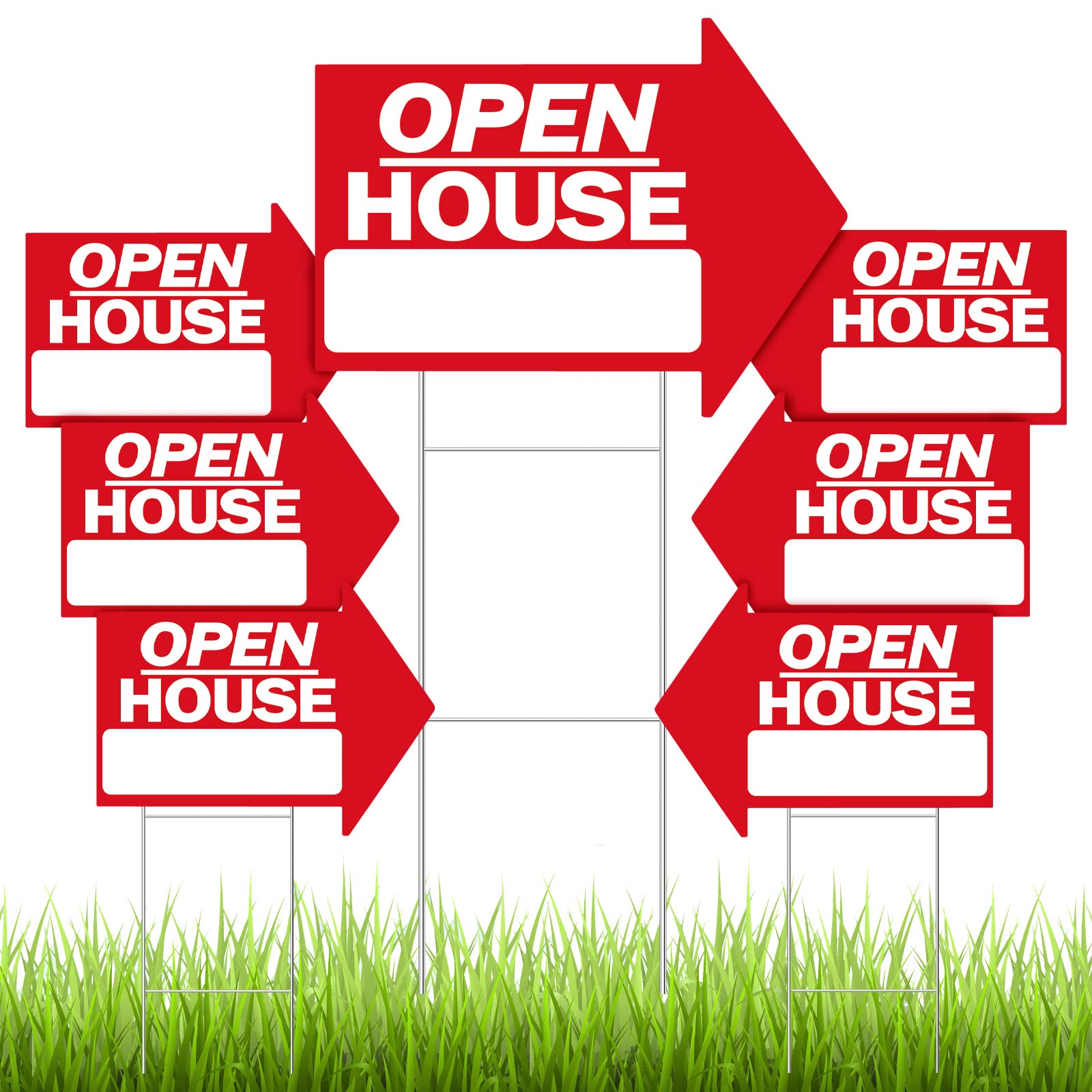 Juexica front view of seven red arrow open house signs showing high visibility