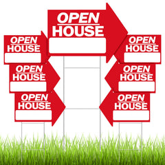Juexica front view of seven red arrow open house signs showing high visibility