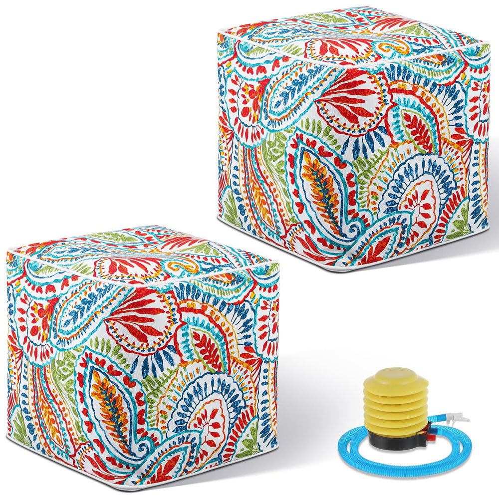 Juexica front view of the red 2-pack ottomans showing compact portability and included pump