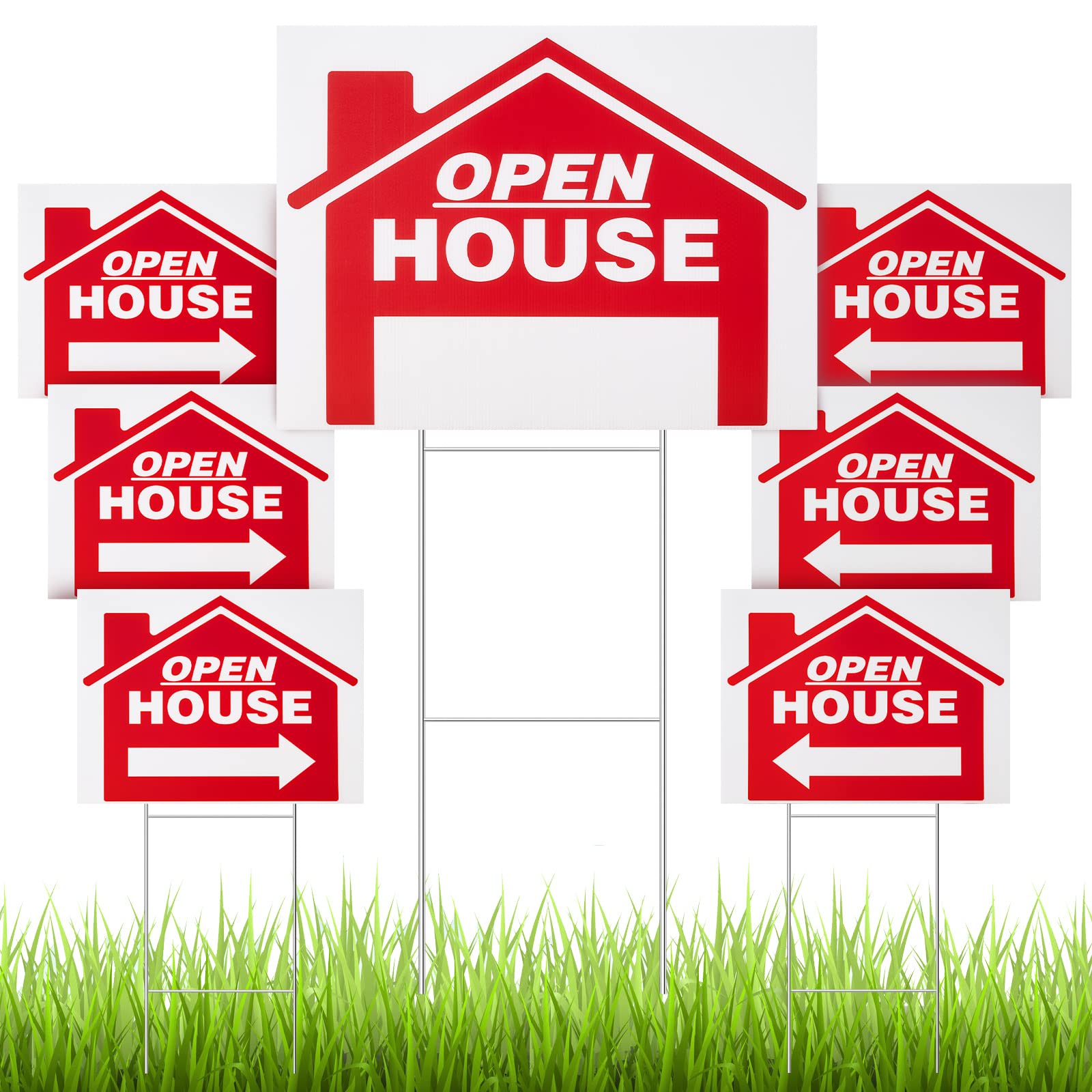 Juexica front view of seven red open house signs shows high visibility