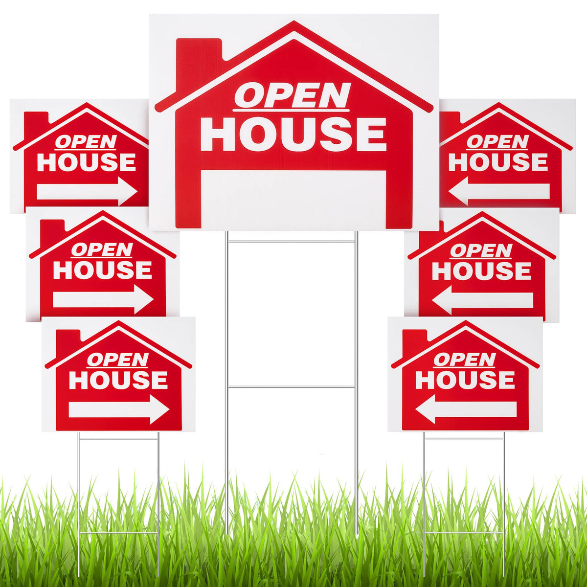 Juexica front view of seven red open house signs shows high visibility