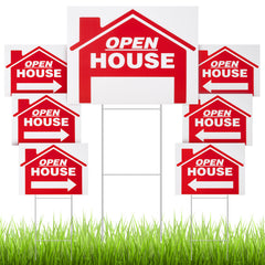Juexica front view of seven red open house signs shows high visibility
