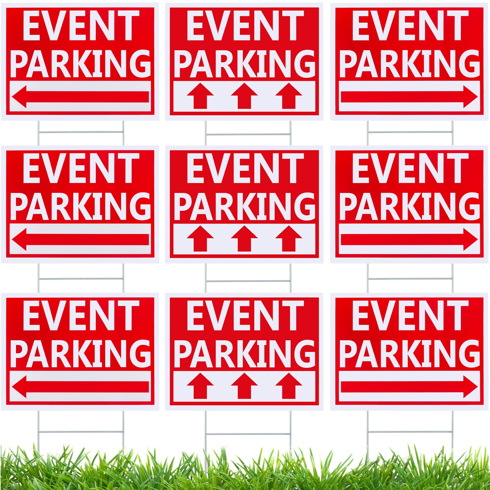 Juexica front view of nine red arrow parking signs showing clear direction