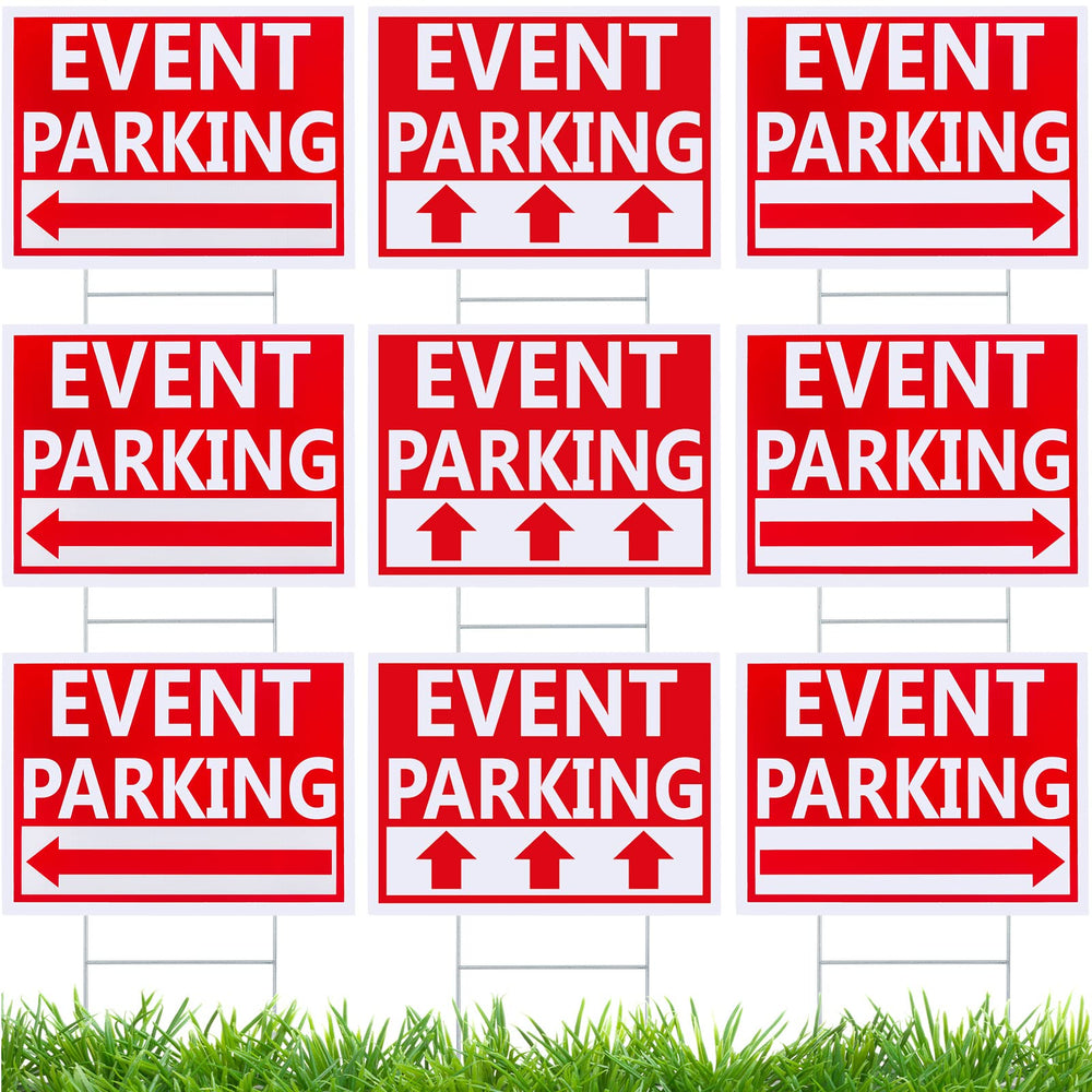 Juexica front view of nine red arrow parking signs showing clear direction