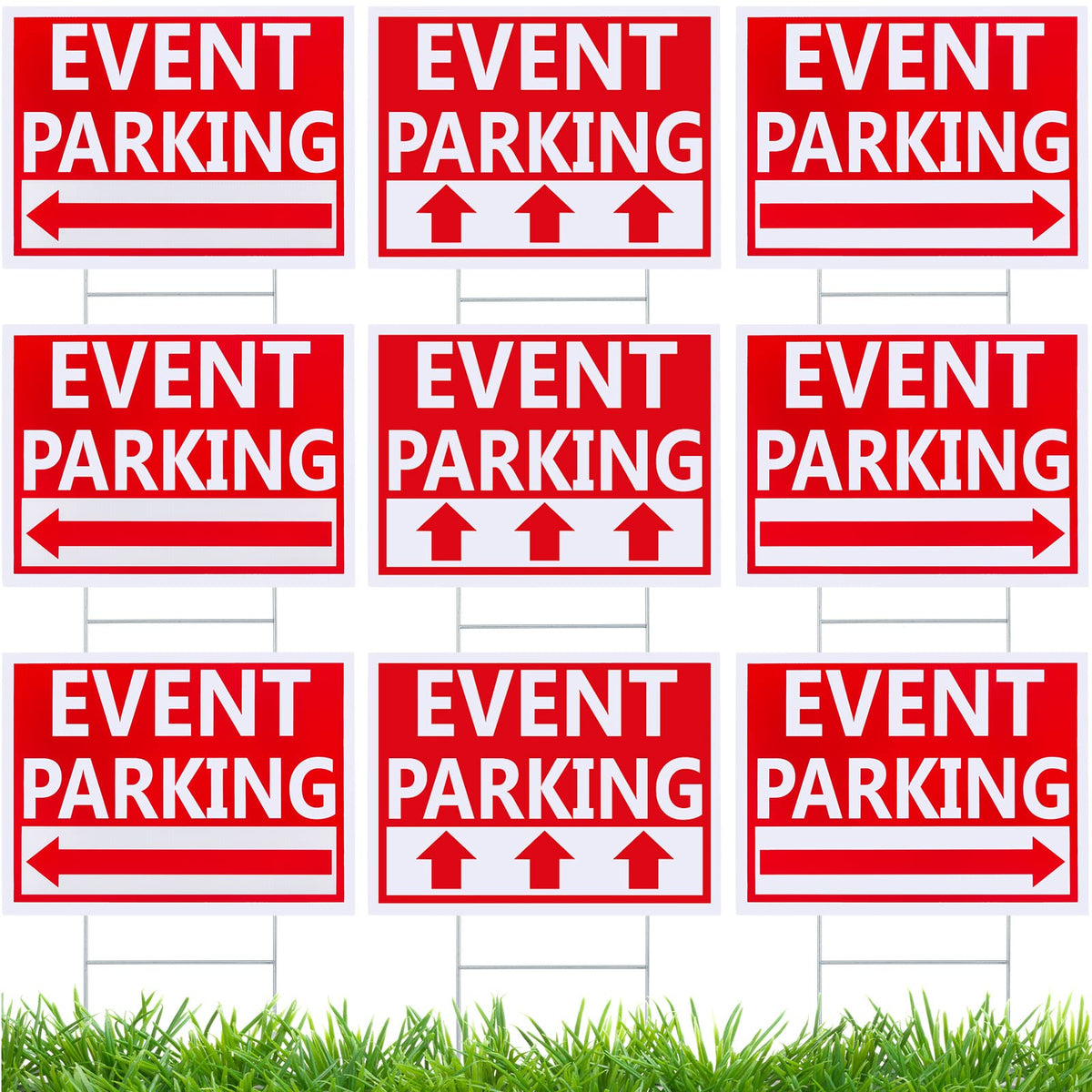 Juexica front view of nine red arrow parking signs showing clear direction