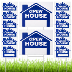 Juexica front view of blue open house sign showing clear directional message and visibility