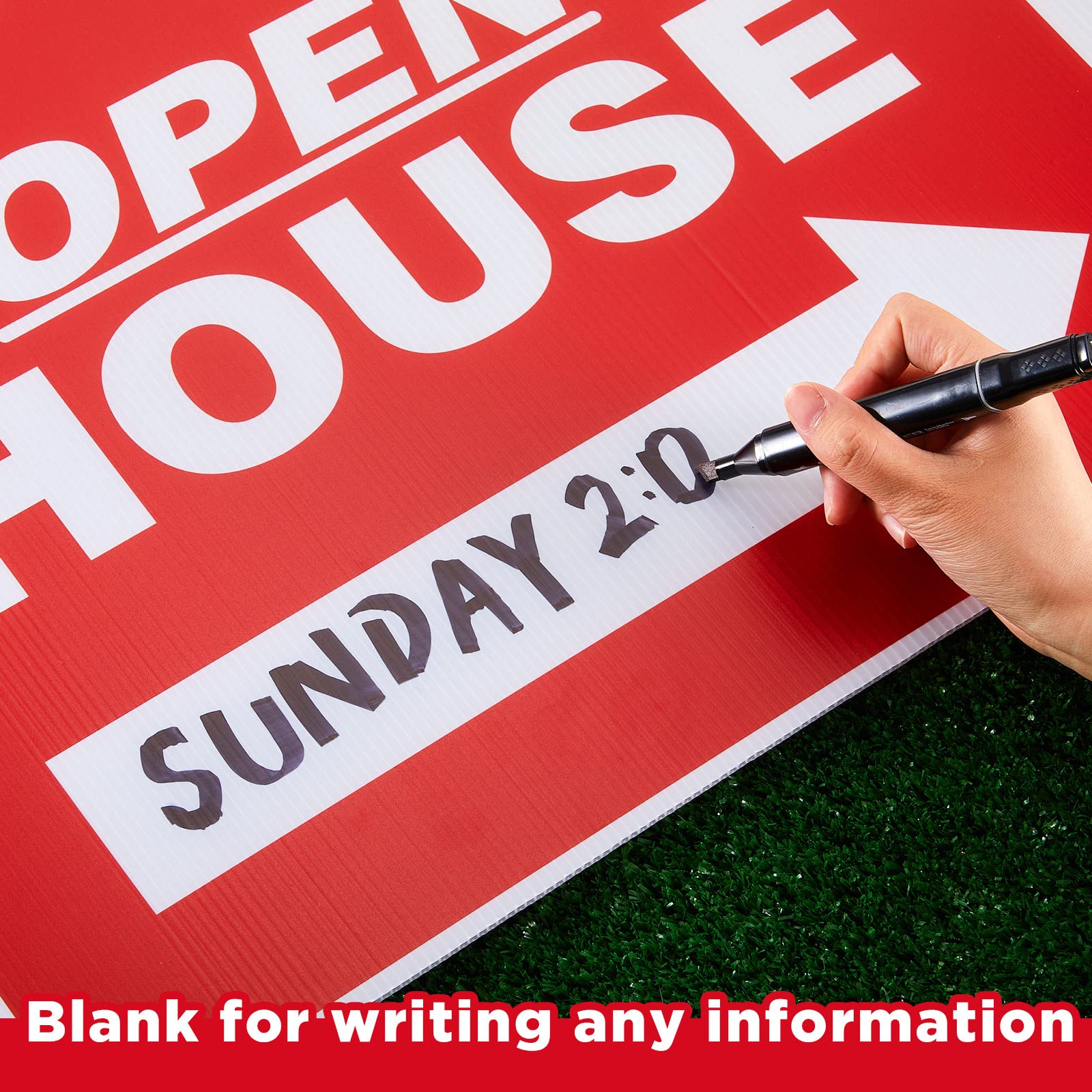 Juexica signs lining a neighborhood street guide buyers to open house