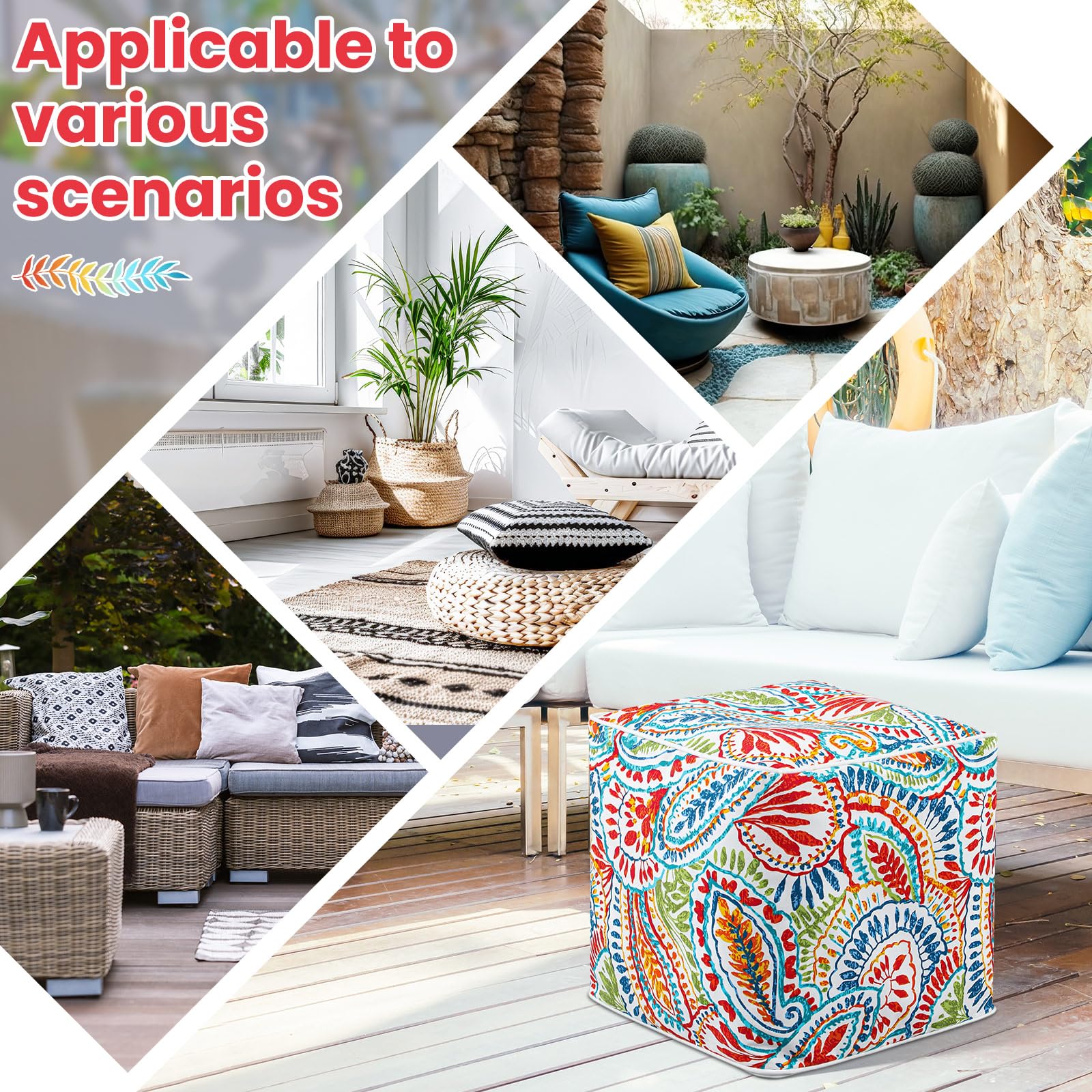 Juexica ottomans in a patio setting showing quick outdoor seating and colorful style