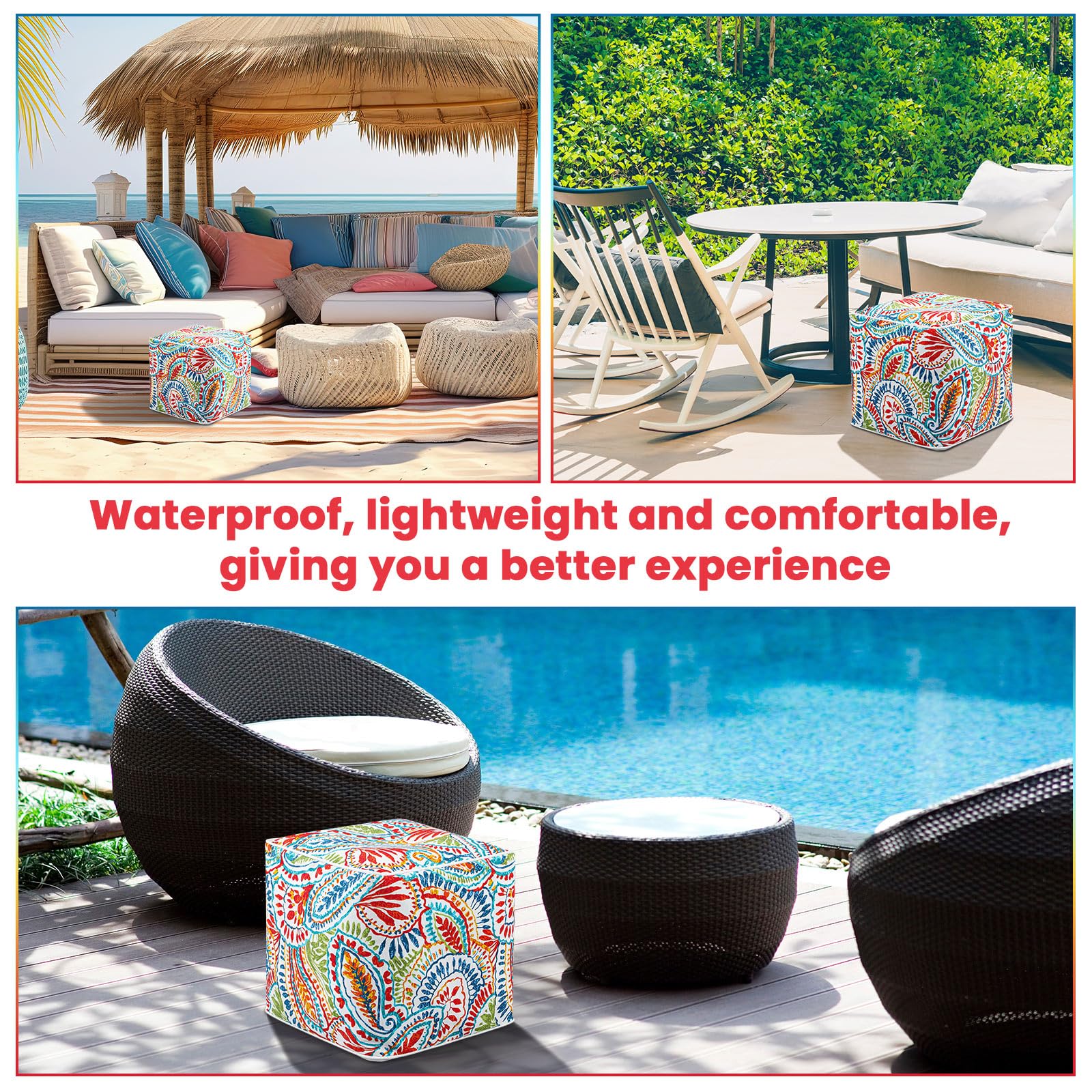 Juexica pouf shown with foot on top demonstrating comfortable elevated footrest use