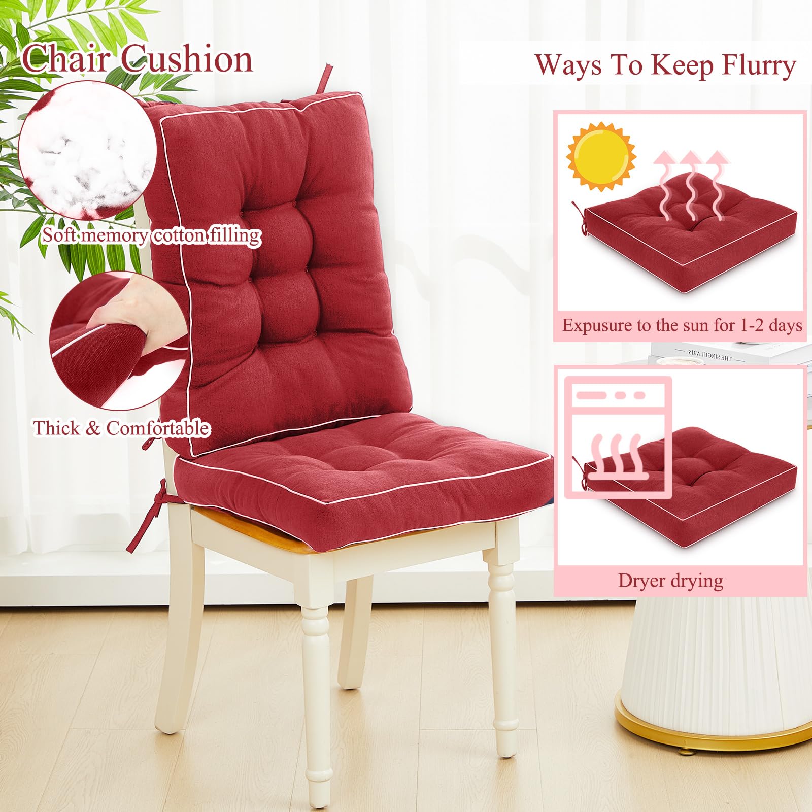 Juexica cushion detail showing seat and back ties for secure chair attachment
