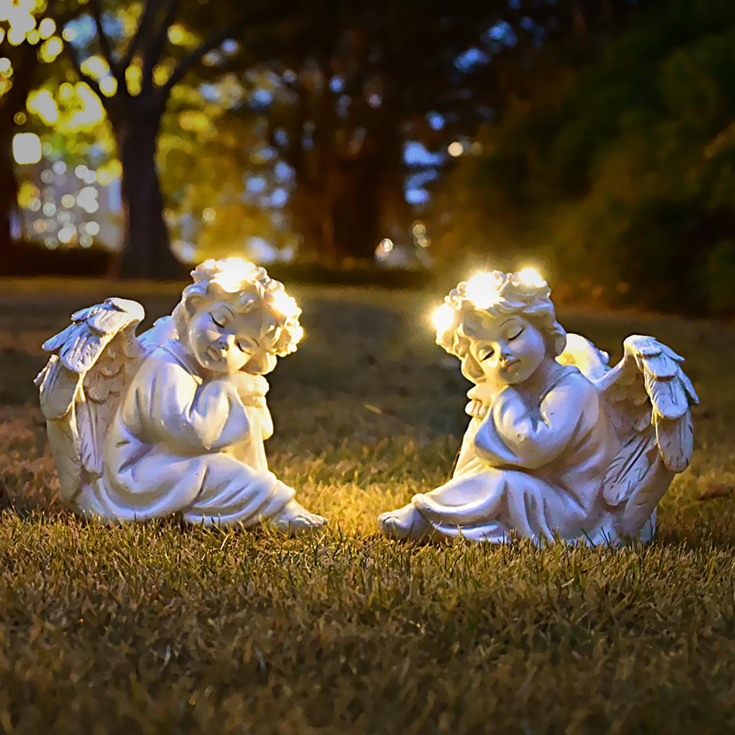 Juliahestia angel statue front view showing decorative halo and serene pose for garden beauty