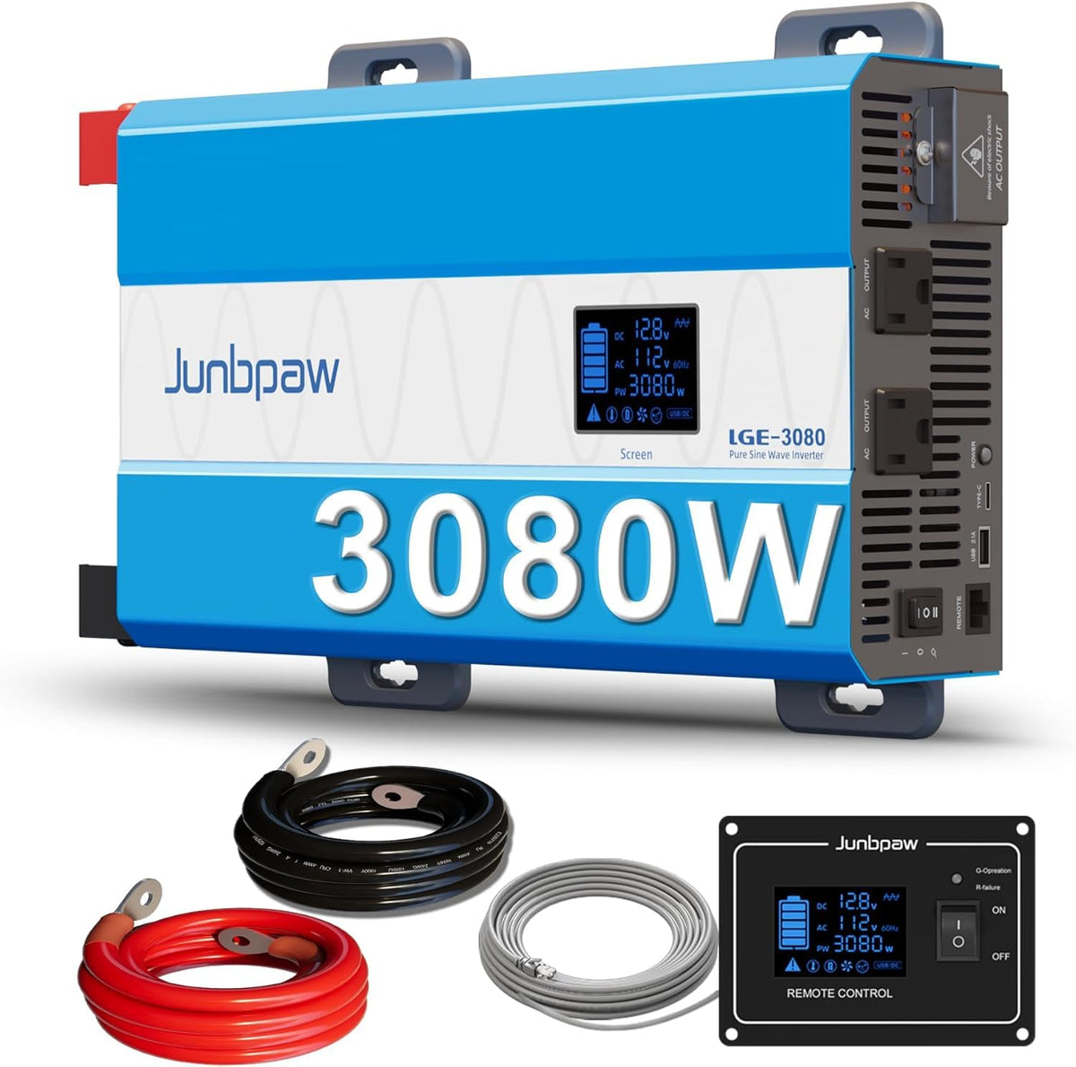Junbpaw inverter front panel showing controls and ports for convenient use