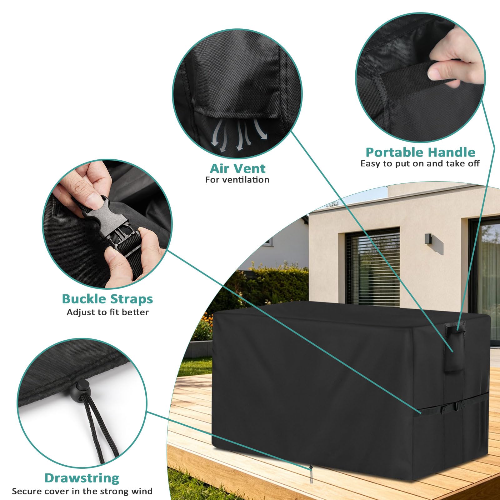 Jungda back view demonstrating full-coverage fit over storage box