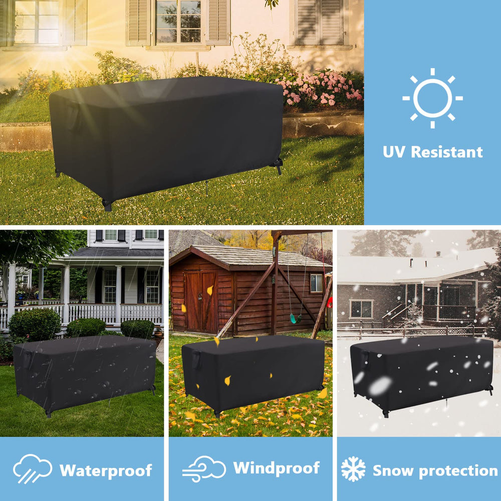 Jungda covered outdoor dining table in backyard demonstrating all-season protection