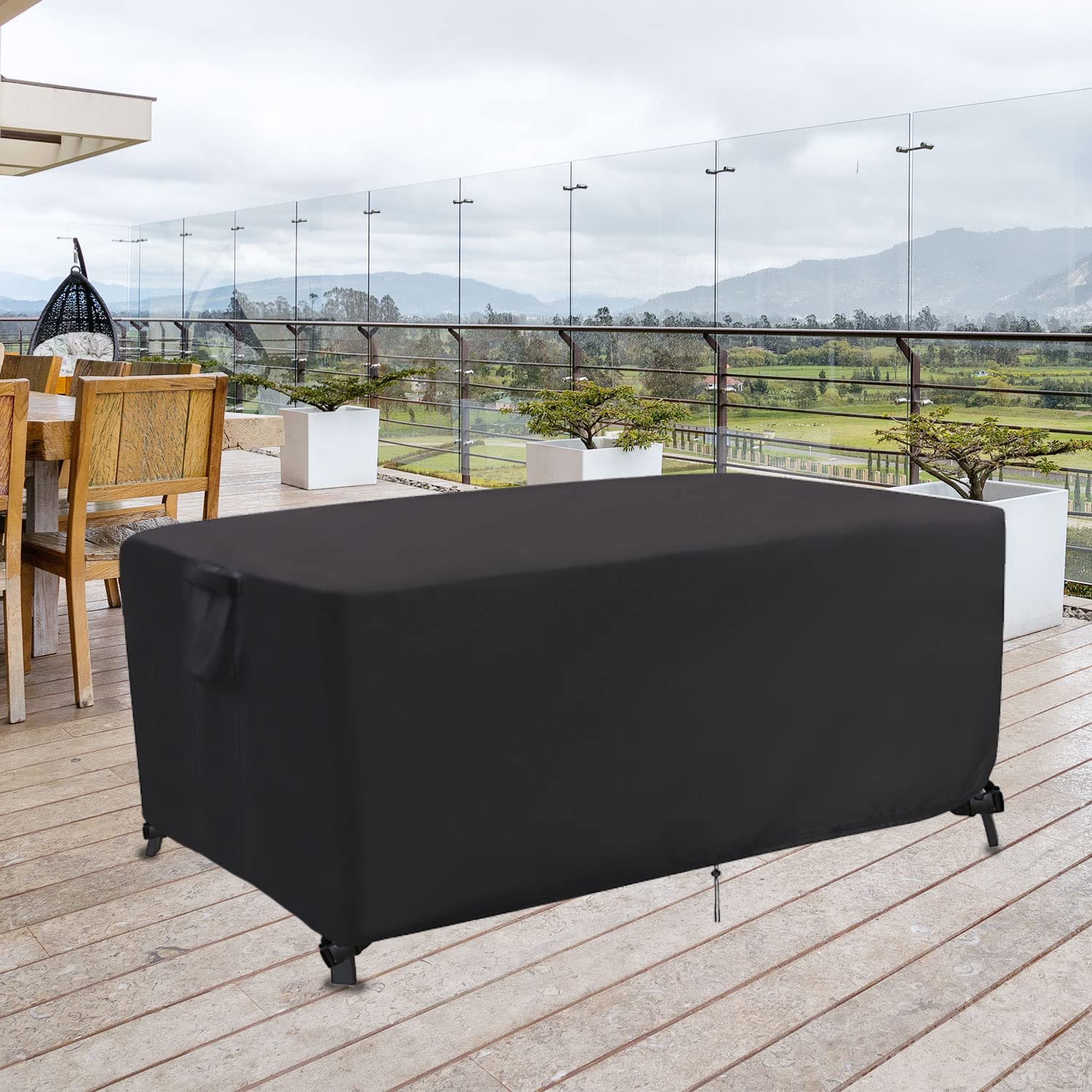 Jungda cover on table with person for scale showing correct 64-inch fit