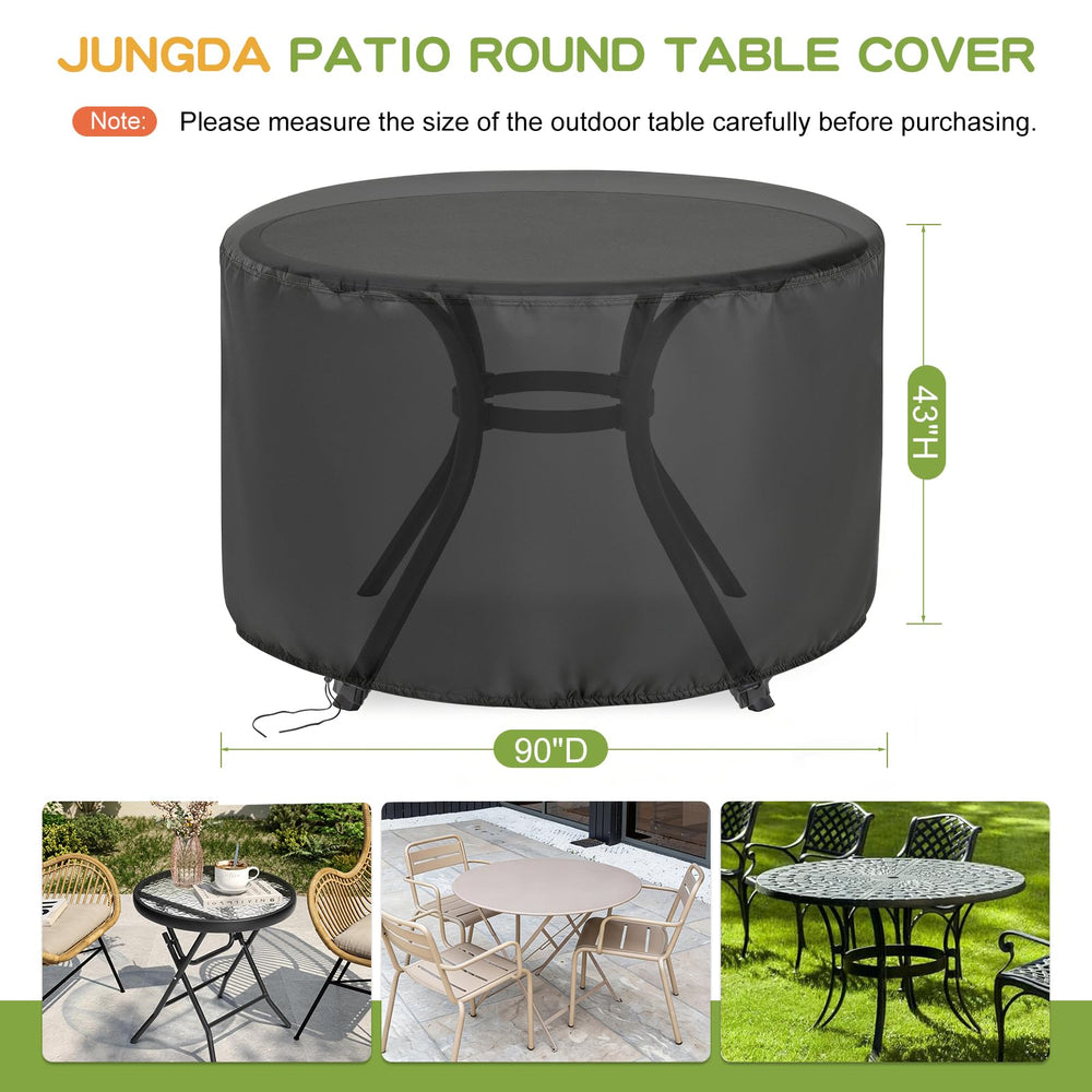 Jungda vista frontal de la funda cubriendo mesa redonda con ajuste seguro