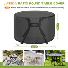 Jungda vista frontal de la funda cubriendo mesa redonda con ajuste seguro