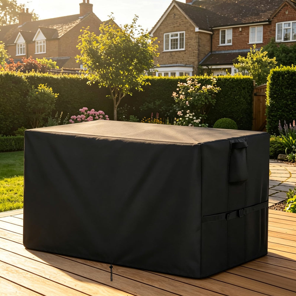 Jungda cover installed on deck box protecting contents outdoors