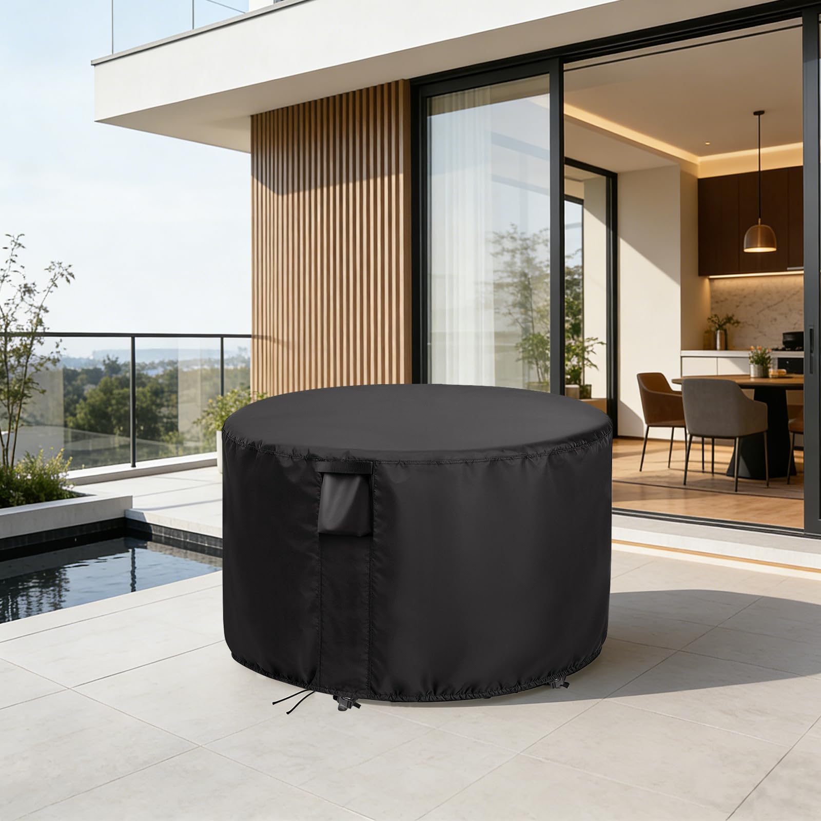 Jungda round table covered at dusk illustrating outdoor protection and style