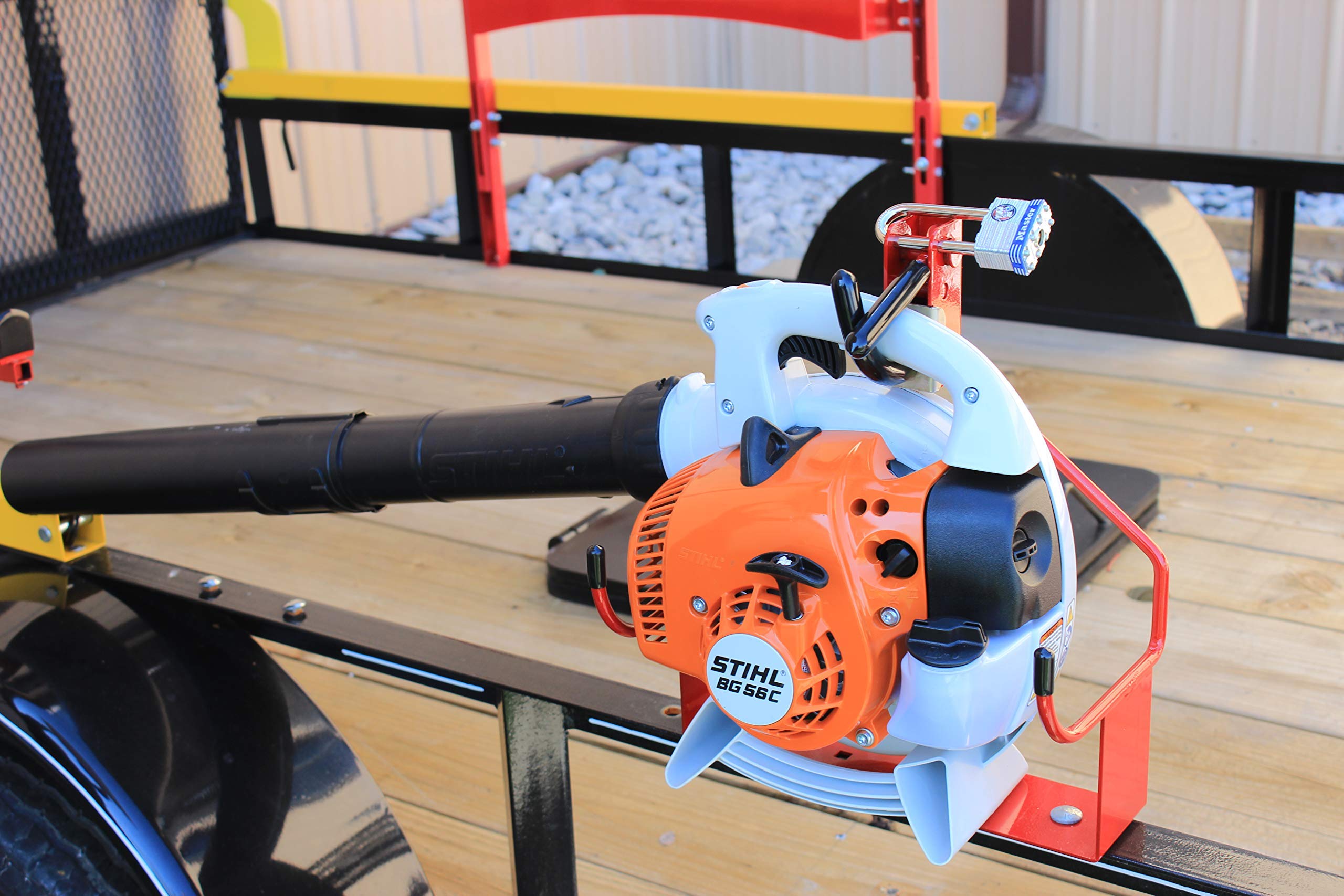 Jungle Jim's front view of blower holder showing secure mount and space-saving design