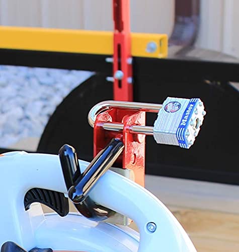 Jungle Jim's mounted blower holder on trailer rail demonstrating secure transport