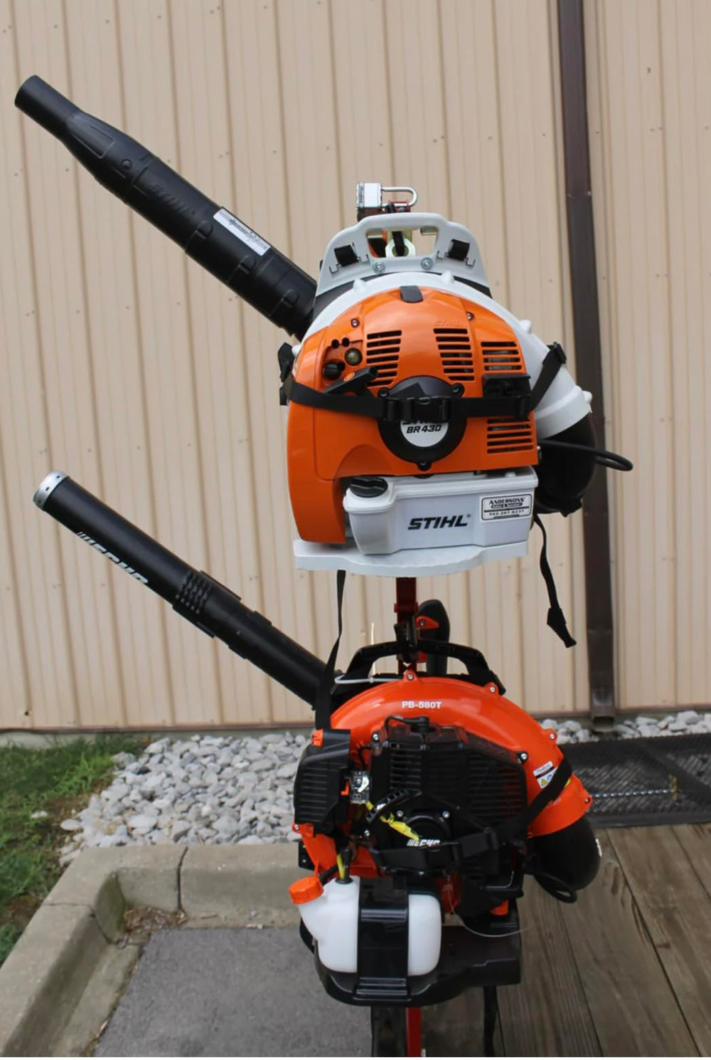 Jungle Jim's front view of 2-blower rack showing secure dual storage and compact profile