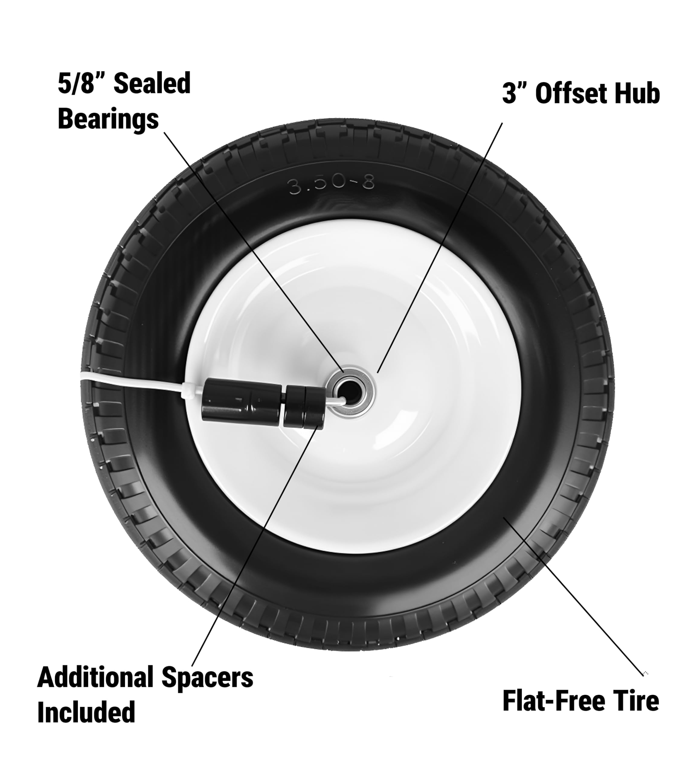 Jungle Jim's wheel assembly installed on wheelbarrow demonstrating stability and no-flats
