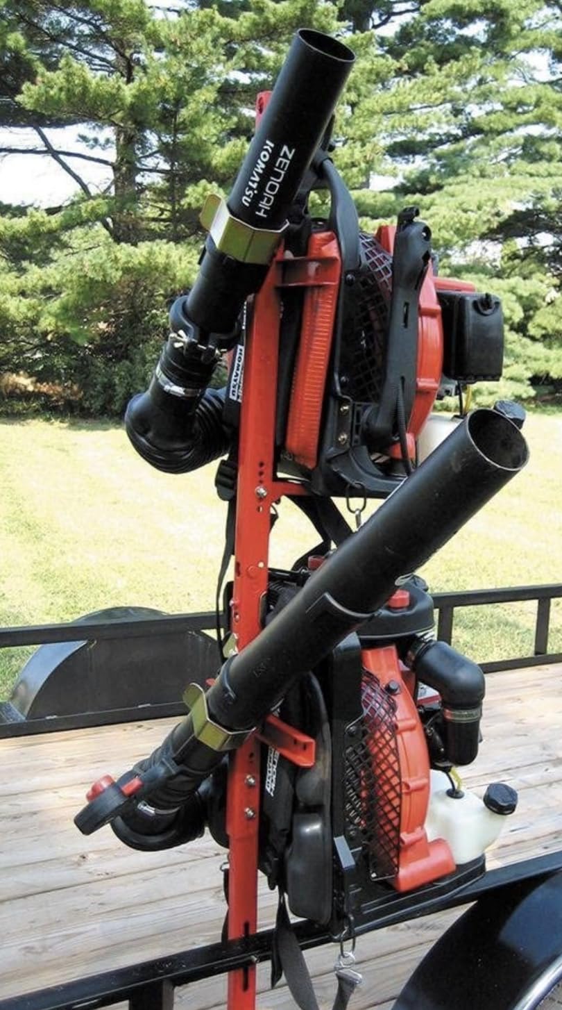 Jungle Jim's close-up of locking hooks and adjustable support arm protecting blowers