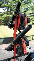 Jungle Jim's close-up of locking hooks and adjustable support arm protecting blowers