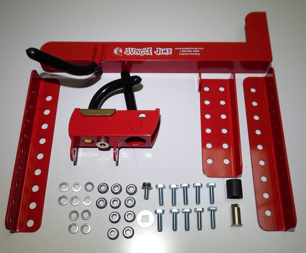 Jungle Jim's trimmer held in place in rack showing stable transport on mower