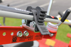 Jungle Jim's side view of rack installed on zero turn mower for space saving