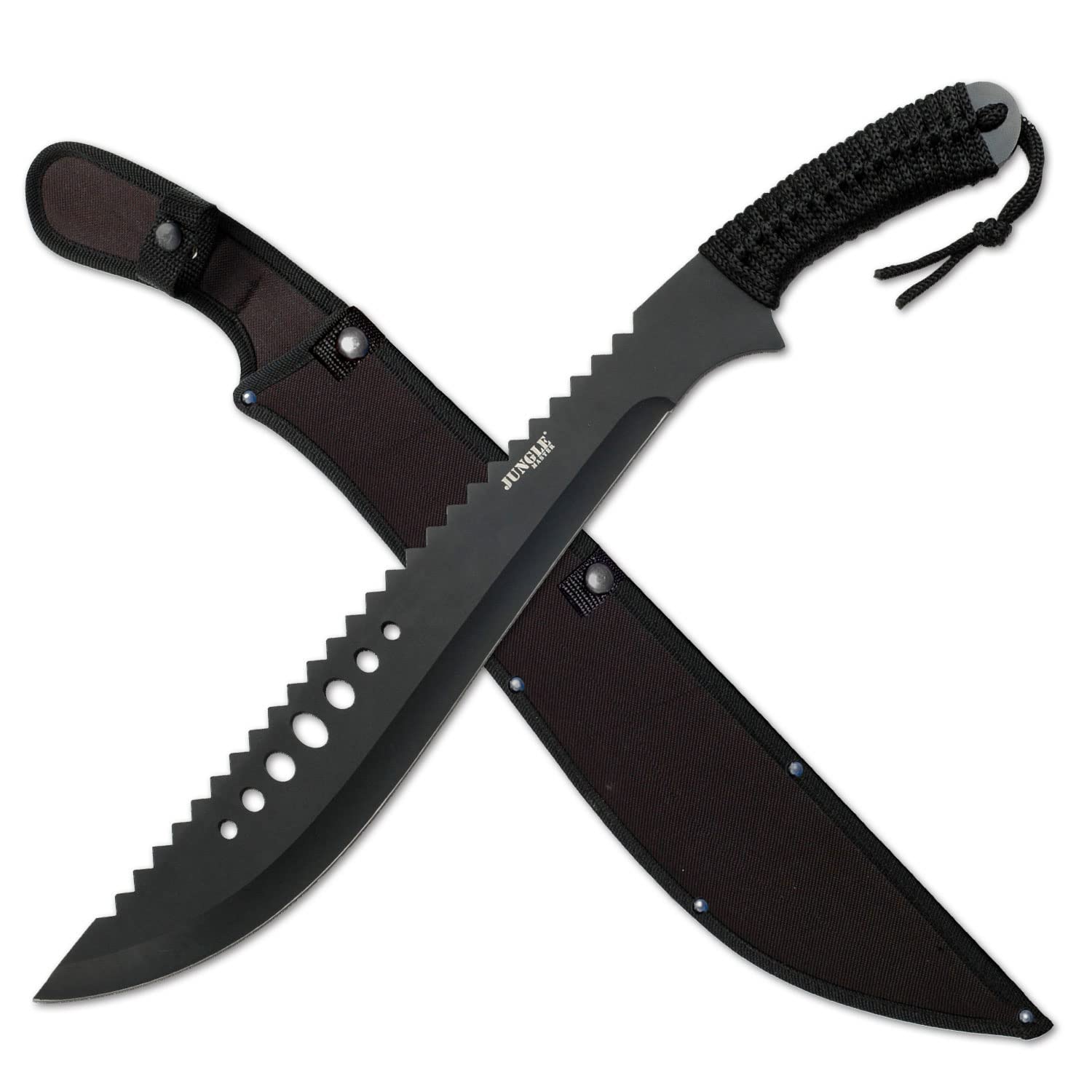 Jungle Master front profile machete showing black stainless blade and cutting belly for powerful swings
