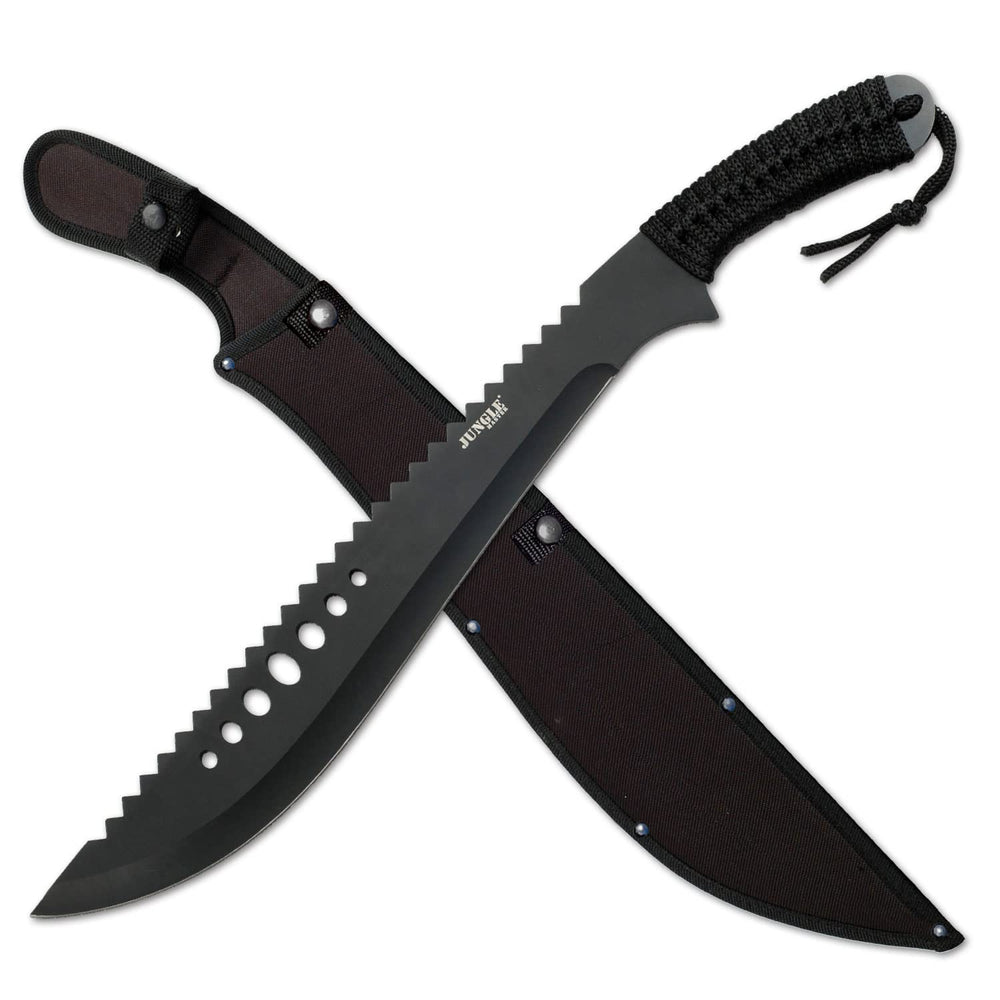 Jungle Master front profile machete showing black stainless blade and cutting belly for powerful swings