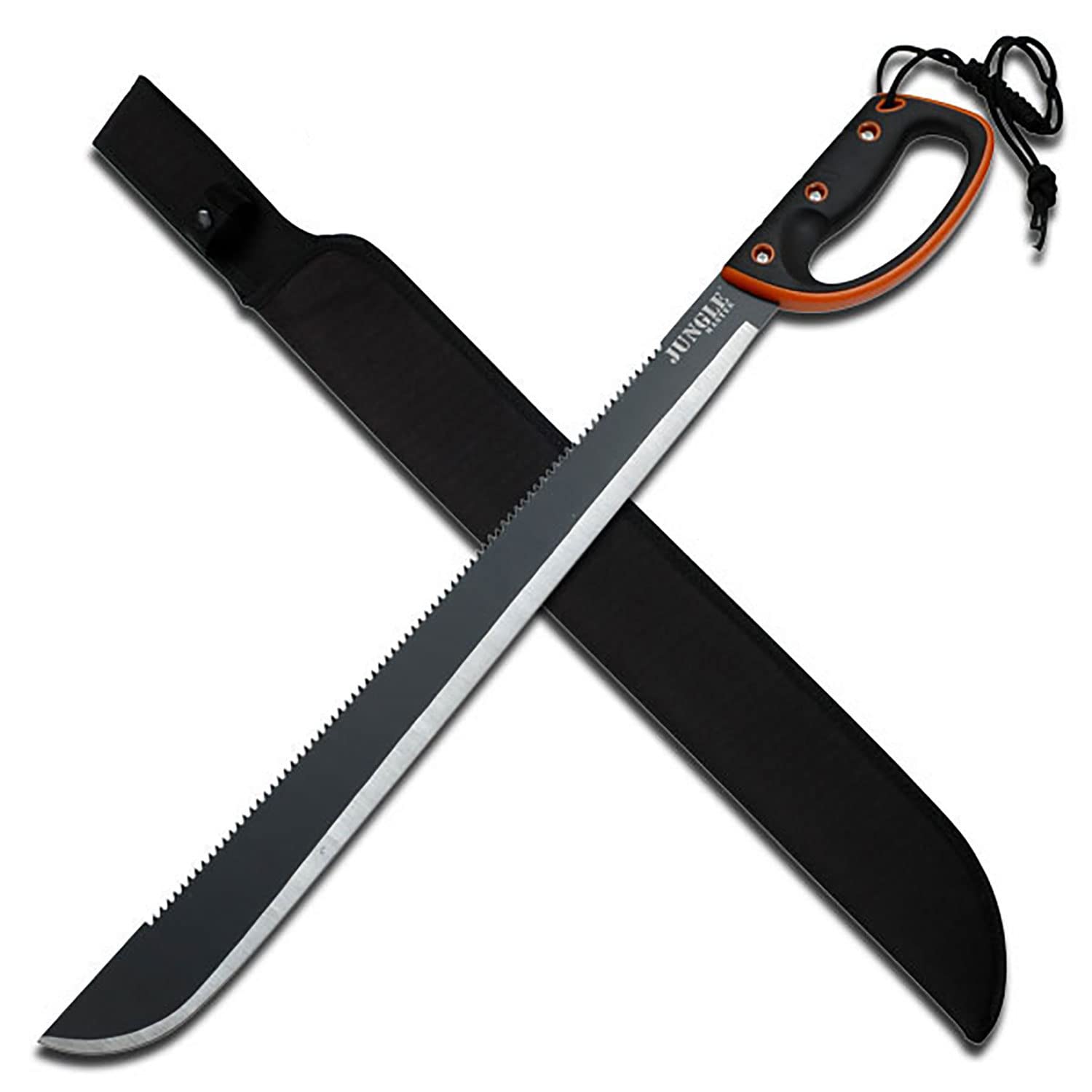 Jungle Master machete front view showing full tang blade and cutting versatility